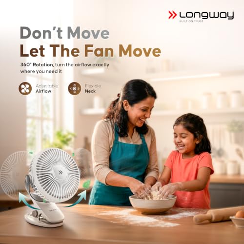 Image of LONGWAY Clipzy Portable Rechargeable Clip Fan with 360 Rotation | 3 Speed Control | BLDC Motor | Type-C Charging | Silent Operation Table Fan for Home, Office & Travel | 1 Year Warranty (White)