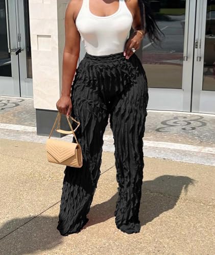 xxxiticat Women's Ruffle Wide Leg Trousers High Rise Sheer Mesh See Through Ruched Straight Leg Flowy Club Party Pants3