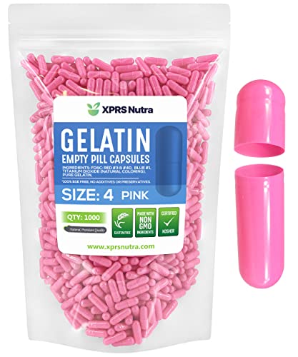 Image of XPRS Nutra Size 4 Empty Capsules - 1000 Count Small Empty Gelatin Capsules - Pills DIY Capsule Filling - Fillable Pure Bovine Pill Gel Caps for Do-It-Yourself Supplements (Pink)