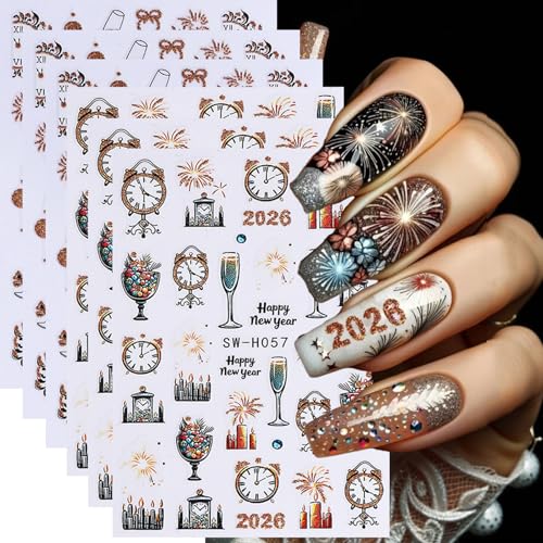 2026 New Year Nail Art Stickers Decals Christmas Glitter Fireworks