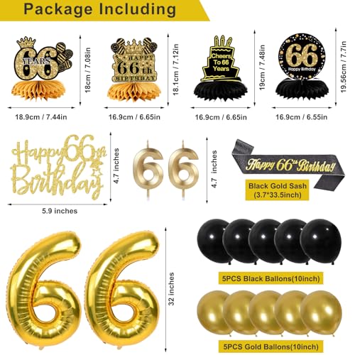 Image of 66th Birthday Decorations for Men, Black Gold 66th Party Decoration Kits | 27pcs Happy 66th Birthday Set, Banner, Honeycomb, Balloons, Gold Number, Candle, Hanging Swirls, Cake Topper, Party Supplies