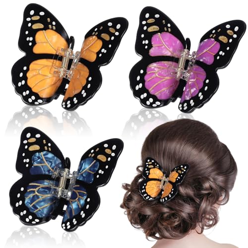 Yuxung 3 Pcs Monarch Butterfly Hair Clips for Women 3D Butterfly Nonslip Strong Hold Claw Clips for Hair Decor Costumes Accessories Christmas Hoilday Gift 3 Color Orange Purple Blue