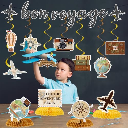 Image of Bon Voyage Party Decorations - 13PCS Travel Themed Party Decorations Glitter Bon Voyage Banner Hanging Swirls Let the Adventure Begin Honeycomb Centerpieces Decor Going Away Party Supplies