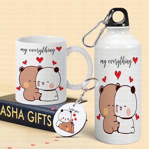 Image of Bubu Dudu Love Gift for Birthday /Anniversary Sipper Water Bottle 750 ML Aluminium with 320 ML Coffee Mug, Wooden Keychain Combo Pack MSK-V (Design-10)