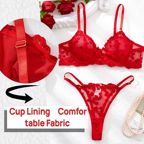 Image of Sexy Floral Embroidered Flower Mesh Underwire Push Up Lingerie Set