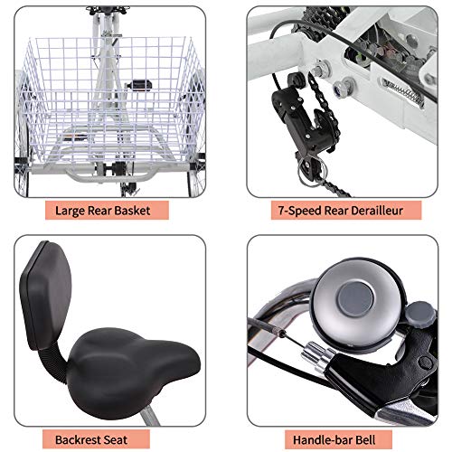 MOPHOTO Adult Tricycles Three Wheel Cruiser Bike 7 Speed, Adult Trikes 24/26 inch Wheels Low Step-Through, Three-Wheeled Bicycles with Cargo Basket for Women, Men, Seniors
