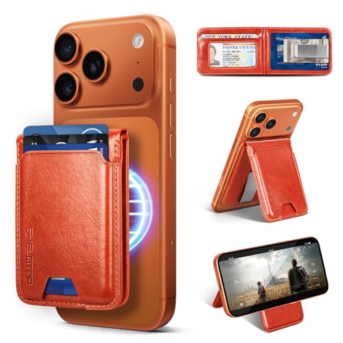 Shieldtop Compatible with Magsafe Case with Card Holder for Men Women Magnetic Ultra-Thin Wallet Bracket Adjustable Bracket for iPhone 17/16/15/14/13/12 Pro/Pro Max/PlusSeries Orange
