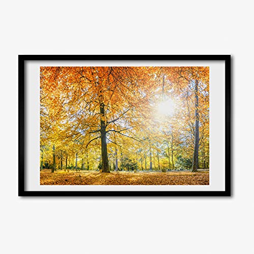 Tableau peinture decoratif foret d'automne avec cadre en bois moderne Tulup