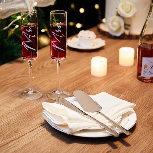 Image of AW BRIDAL 4Pcs Mr and Mrs Champagne Flutes with Silver Wedding Cake Knife