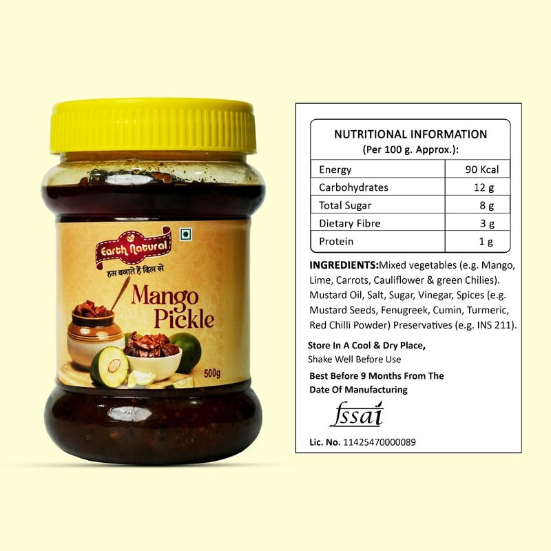 Image of Earth Natural Mango Pickle 500g Homemade | Traditional Indian Achar | Less Oil Aam ka achar Home Made Pickle in Fresh | Dry Sukha Aam Ka Achaar Made with Organic Methods & Preservative Free