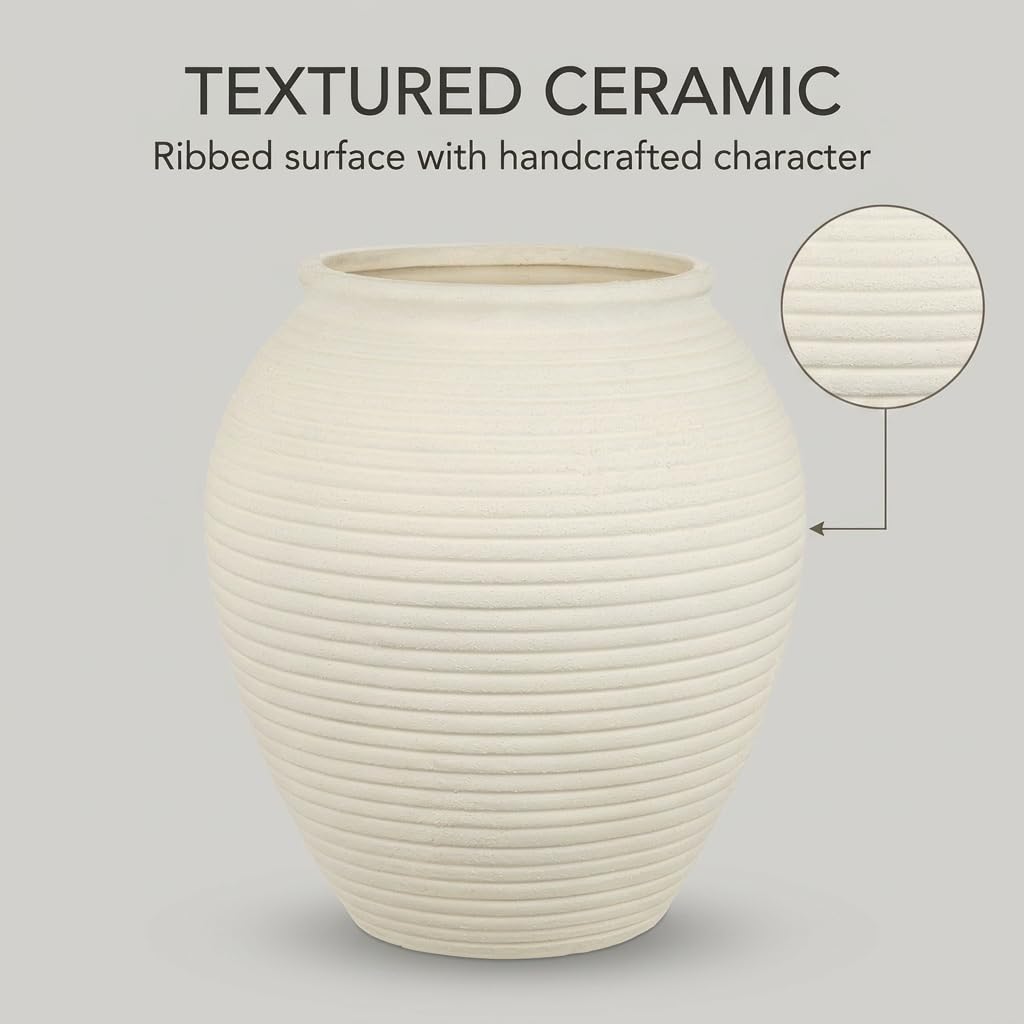Vintage Keramik Ruastic Keramikvase mit Gerippte Terrakotta-Vase,28cm,Weiß | Terrakotta-Vase Tischvase aus Keramik für Deko Wohnzimmer Home Office, Vase für Pampasgras, Rustikales Antikes Dekor