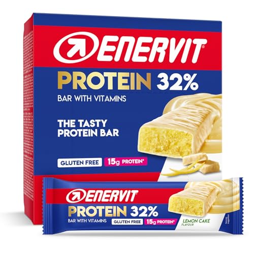 Enervit, Barrita Proteica 32% Lemon Cake, Barritas Proteicas Enervit, 12 g de Proteínas, Barritas con Vitamina D y Vitamina B6, Sabor a Tarta de Limón, Sin Gluten, 12 x 45g Barritas