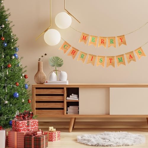 G2PLUS Merry Christmas Burlap Bunting Banner, 4.8M Banner with Snowflake, Vintage Merry Christmas Garland with 14 Pennants, Rustic Hessian Bunting - Image 6