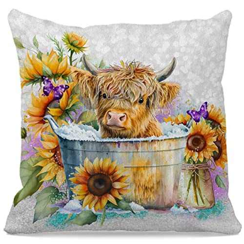 Baby Highland Cow In A Bucket Sunflowers Floral Throw Pillow Cover 18"X18",Farmhouse Summer Sunflowers Floral Decorative Cushion Cover For Home Girls Room Living Room,Gifts For Cow Lovers Women Girls #TOP16