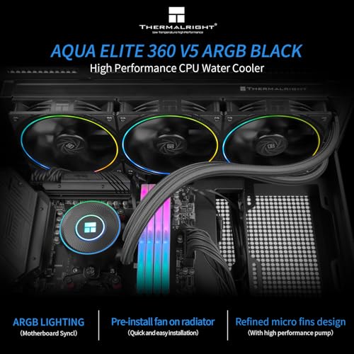 Image of Thermalright Aqua Elite 360 V5 ARGB Black CPU Liquid Cooler, 360 Cooling Row Size,3xTL-S12 PWM Fans,for AM4 /AM5,Intel LGA115X /1200 /1700 /1851, AIO CPU Cooler