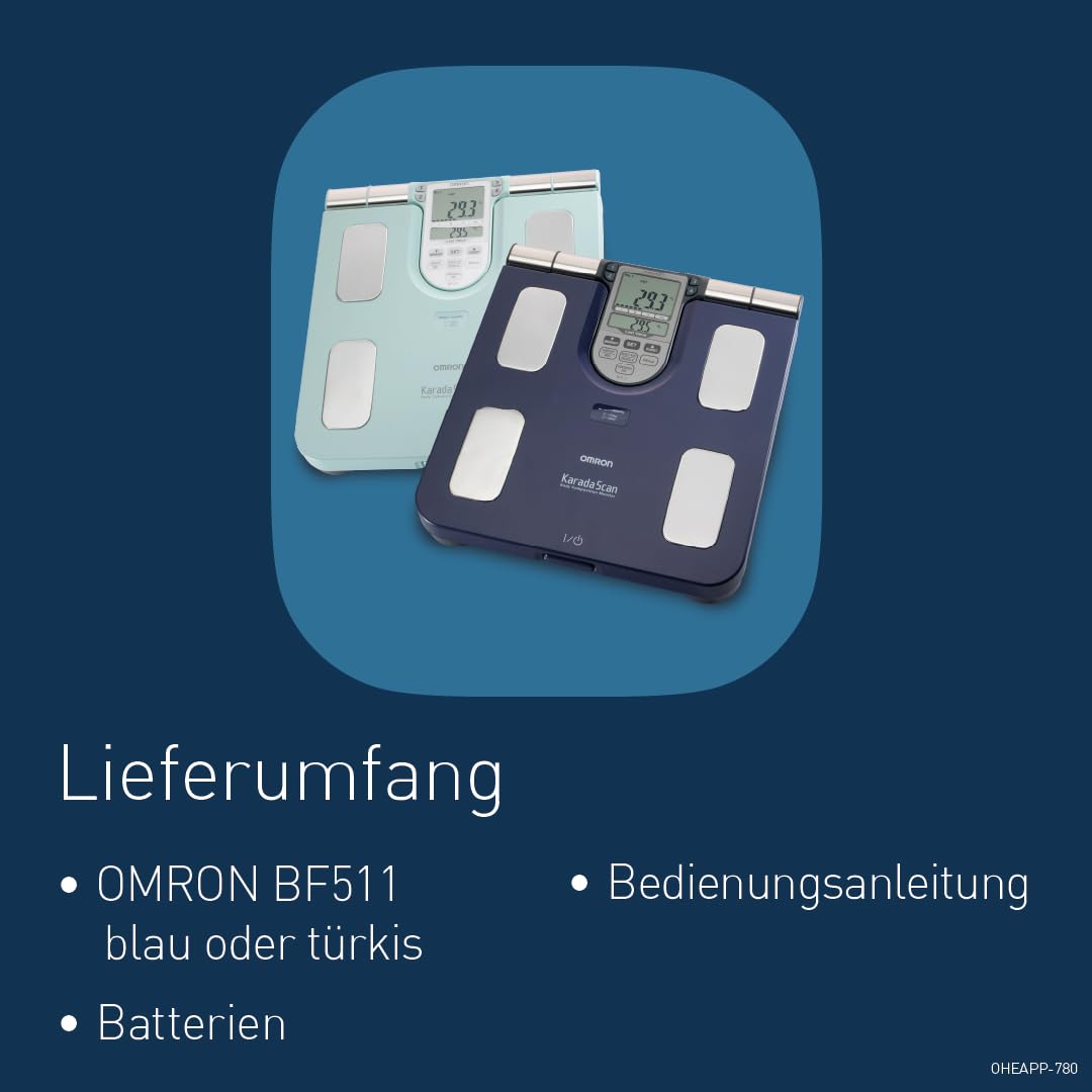OMRON BF511 Personenwaage: Körperfettwaage mit Körperfett und Muskelmasse - 8-Sensoren mit Hand zu Fuß Messung, bis 150 kg, für Erwachsene und Kinder ab 6 Jahren.
