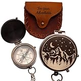 SFdizayn Antique Brass Compass with Leather Case - Mountains, Moon & Stars Engraved Pocket Compass for Men - Genuine Leather Pouch Stamped with 'For Your Adventures' - Vintage Gift for Husband, Father