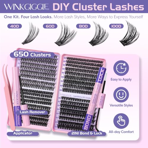 Image of Lash Clusters Kit, Eyelash Clusters Kit D Curl Natural Volume Cluster Eyelash Extensions, Individual DIY Lashes with Bond Seal Tweezers Remover, 8-16mm 650Pcs (40D+60D+80D+100D)