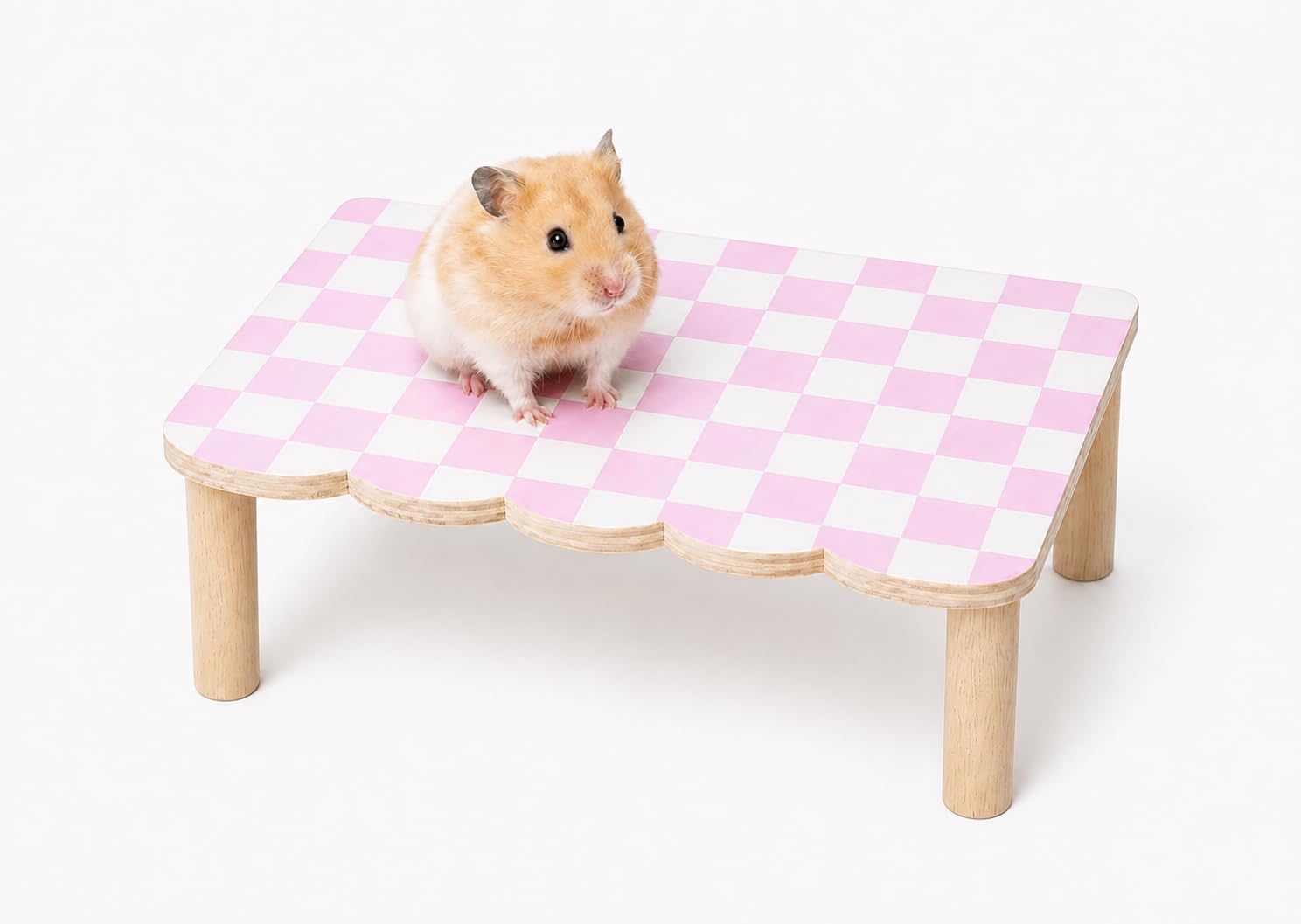 JOMIZOO 小動物用ケージ内装 ハムスター用 ピンクチェック柄木製ステージ 頑丈