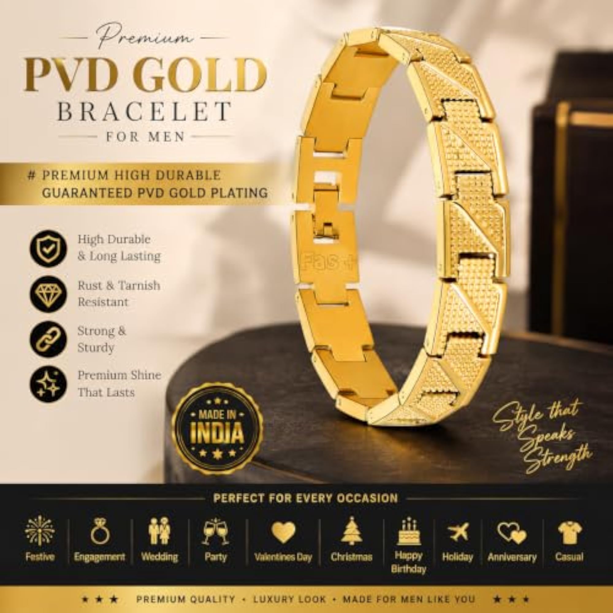 + Brass Premium High Durable Pvd Gold Plating Looser Bracelet for Men