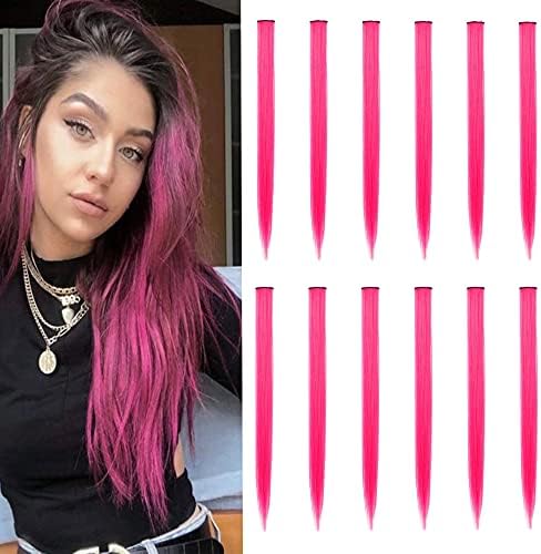 12 PCS Colored Hair Extensions, SOYZMYX Multi-color Party Highlights Clip in Synthetic Hair Extensions, 22 inch Colorful Hair Accessories for Girls Women Kids Hairpieces in Halloween (Hot Pink)