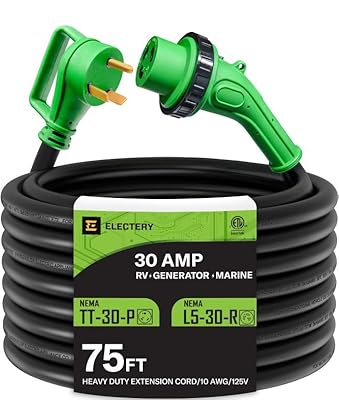 ELECTERY 30 Amp 75 Ft RV Power Extension Cord NEMA TT-30P to L5-30R with Twist Locking Adopter, Heavy Duty STW Cord 3 Prong 10 Gauge for RV, Marine, Generator. ETL Listed