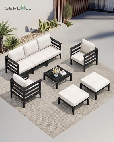 Image of SERWALL HDPE Patio Furniture Set, 8 Pieces Composite Outdoor Furniture | All-Weather Wood-Like Outdoor Sofa Couch with Coffee Table, Modular Design for Flexible Combination