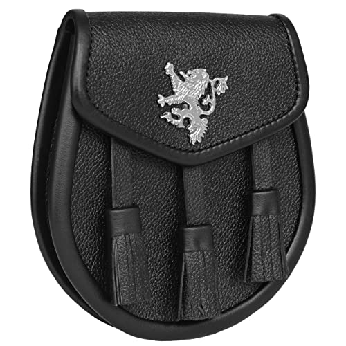 Image of Scottish Original Leather Sporran with Leather Belt & Chain (Black Leather Rampant Lion Sporran)