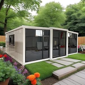 Modern Expandable Prefab Tiny Villa – 20ft Foldable Container House with 2 Bedrooms,Fully Equipped Kitchen & Bathroom,Portable Prefabricated Modular Home for Family Living,Rental Cabin,Guest Suite