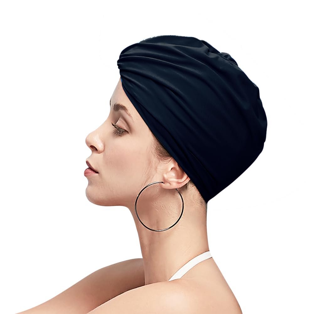 Women Pleated Fabric Swim Hat Soft Elastic Nylon Bathing Cap Shower Cap Adjustable Swimming Cap Turban Ladies Ear Protection Swim Cap Hat for Beach Surfing Springs Beauty Yoga - Image 3