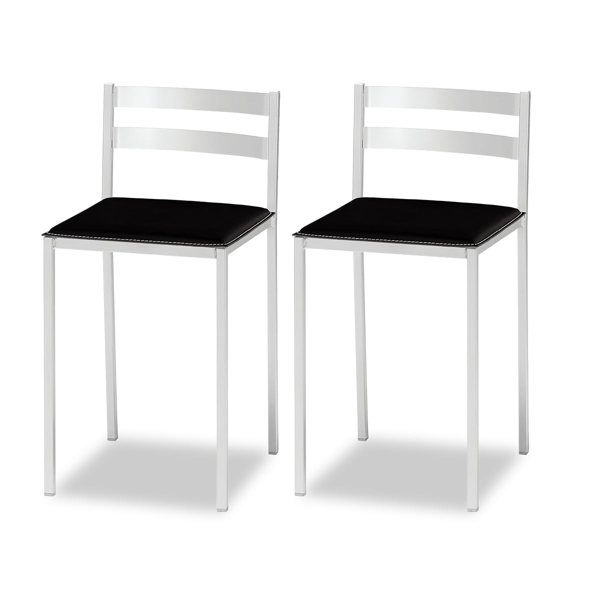 2 Taburetes de Cocina con Respaldo bajo, Franjas horizontales y Asiento tapizado - Estructura Color Blanco - Asiento en Polipiel Negro