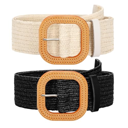 Image of SUOSDEY 2 Pack Straw Woven Elastic Belt Braided Stretch Wide Boho Rattan Waist Belt for Women Dresses, 07-black+beige, Fit Waist up to 35''