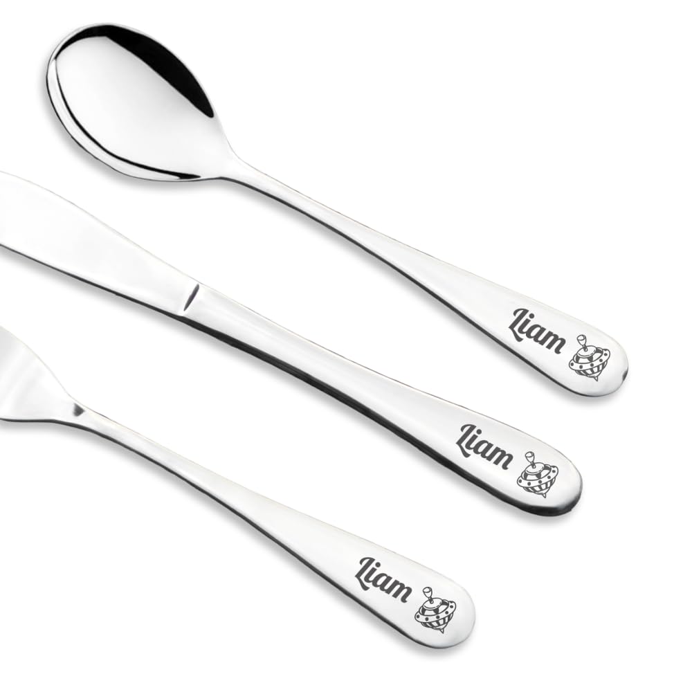 Personalised Engraved Childrens Cutlery Set Christening Birthday Kids Gift Idea (Spinning Toy) — image 1