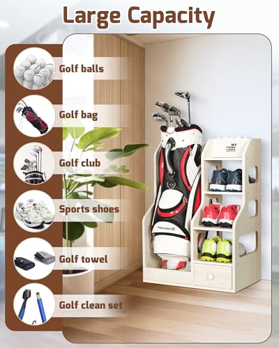 Image of Mythinglogic Wooden Golf Bag Storage Rack for 1 Full-Size Bag with Drawer