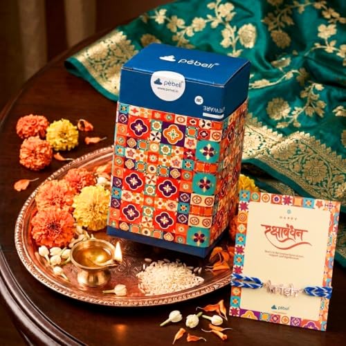 Image of PEBELLIFEWARE Personalized Rakhi Gift Hamper for Brother - Fluted Glasses | Set of 2 Ribbed Borosilicate Glasses 345ml with Customized Name Brass Rakhi Thread, Festive Card & Luxury Gift Box