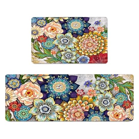 Tubeamin Boho Floral Kitchen Rugs Mats for Floor 2 Piece Memory Foam Padded Kitchen Mats Anti Fatigue Non Slip Cushioned Comfort Standing Mat, 17.3x28+17.3x47 Inch Cover