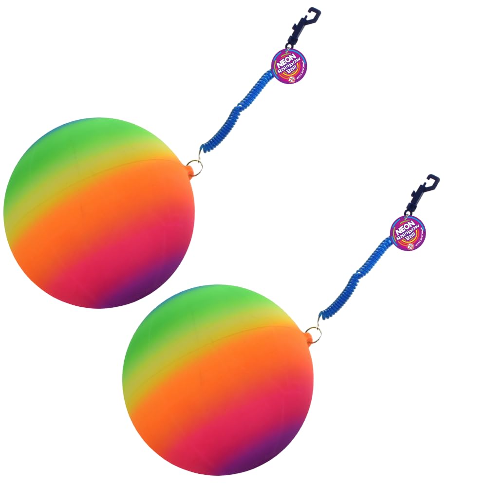 eMKay Pack of 2  Neon Rainbow Ball with Keychain  20cm Inflatable Ball in Net Bag  Colourful Outdoor Summer Toys for Kids  Garden, Party, Beach, BBQ, Picnic & Party Games