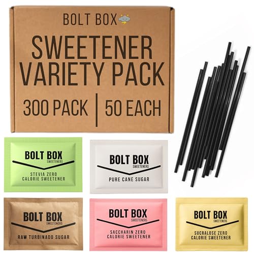 Bolt Box Sugar &amp; Sugar Substitute Packets Variety Pack, 300 Count – Cane Sugar, Turbinado, Stevia, Saccharin, Sucralose &amp; Stir Straws for Coffee Station, Office Breakroom, Airbnb