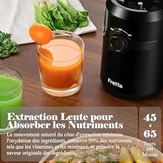 Extracteur de Jus, Fretta Extracteur de Jus de Fruits et Légumes Entiers, Grande Ouverture de 108mm Slow Juicer, 1L Capacité, Pression à Froid, Facile à Nettoyer, Sans BPA, 200W(Noir)