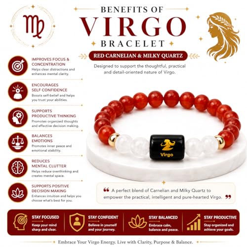 Image of Virgo Zodiac Bracelet (कन्या राशि) | Certified Healing Crystal for Focus, Confidence & Calm | Original Carnelian & MilkyQuartz Stone | Crystal Bracelet for Man & Woman | Gift for Man & Woman