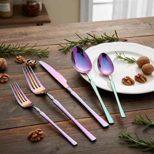 Image of 10 Pcs Rainbow Cutlery Set for Dining Table the Perfect Lightweight Silim Handle Tableware Including Dinner Spoon, Dinner Fork, Dinner Knife, Dessert Spoon & Dessert Fork