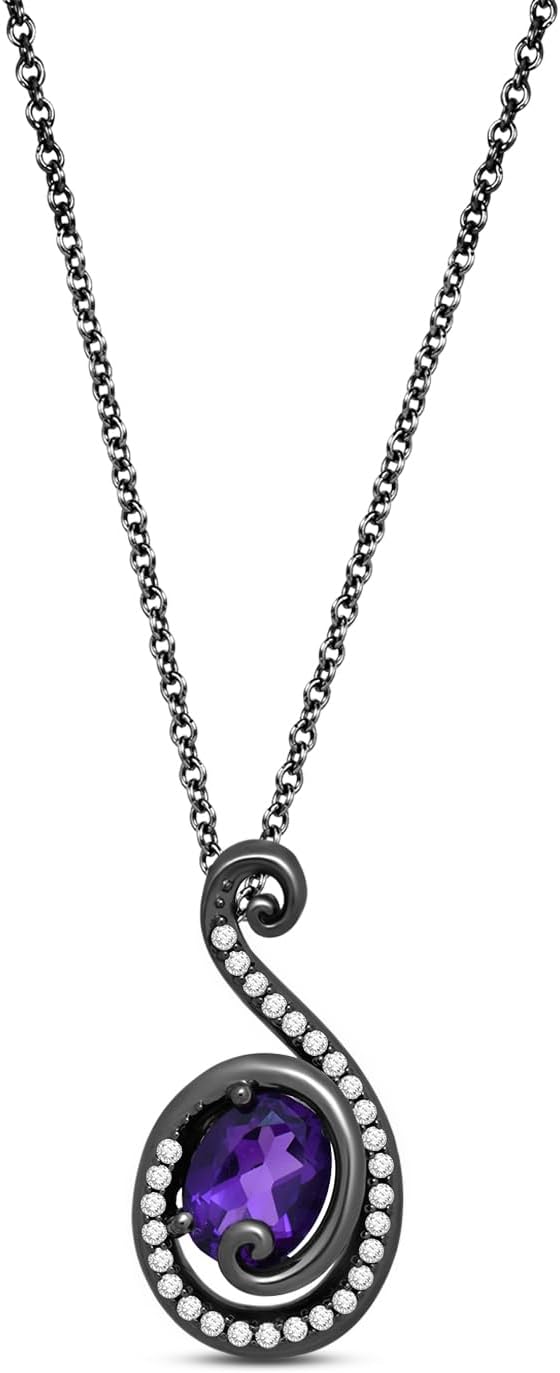 Jewelili Enchanted Disney Fine Jewelry Black Rhodium over Sterling Silver with 1/5 CTTW Diamond and Amethyst Ursula Pendant Necklace