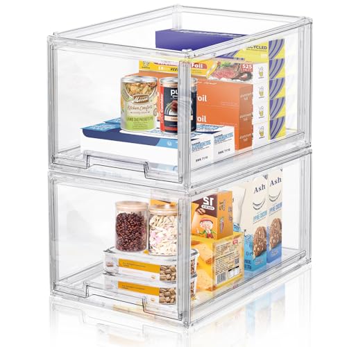 Image of DILIBRA 2 Packs Plastic Stackable Storage Organizer Bins with Pull Out Drawer, Large Clear Acrylic Storage Drawers Container Boxes for Fridge Pantry Shelf Clost Refrigerator Organization and Storage