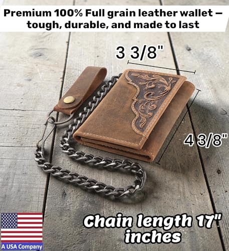 Image of F&L CLASSIC RFID Blocking Men's Tri-fold Vintage Biker Cowhide Leather Steel Chain Wallet,Snap closure, brown, western style,315-83