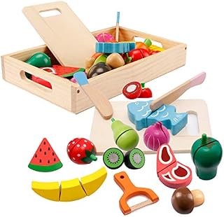 Wooden Play Food Toys, Kids Kitchen Accessories Toy, Cutting Fruit Vegetables and Meat Cooking Simulation Educational Toys for 3 Year Old Boys Girls