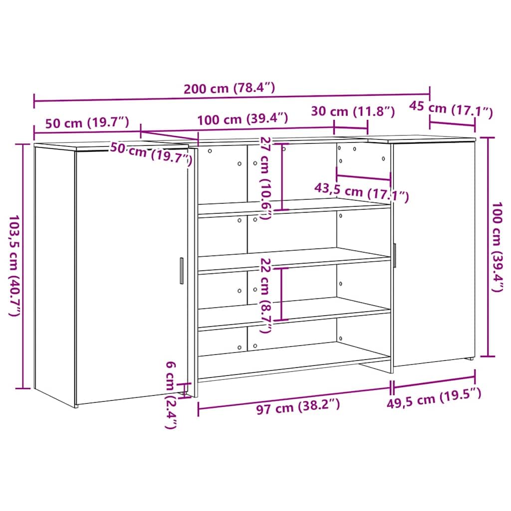 Bancone per ricevimento, bianco, 200 x 50 x 103,5 cm, in legno, scrivania da ufficio, postazione di lavoro, segretario con spazio per ufficio e appartamento