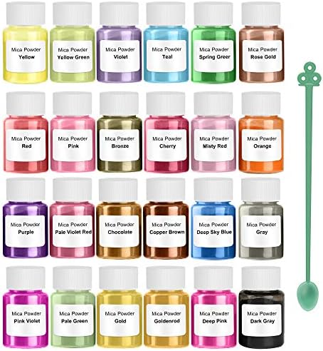 HEMOER Pigment Powder 24 Color-240g Epoxy Resin Mica Powder with Pearl for Bath Bombs Soap Colorant, Resin Art Crafts, Slime, Paint, Candle, Nail Polish, Natural Makeup Dye (10g/0.35oz Each Bottle)
