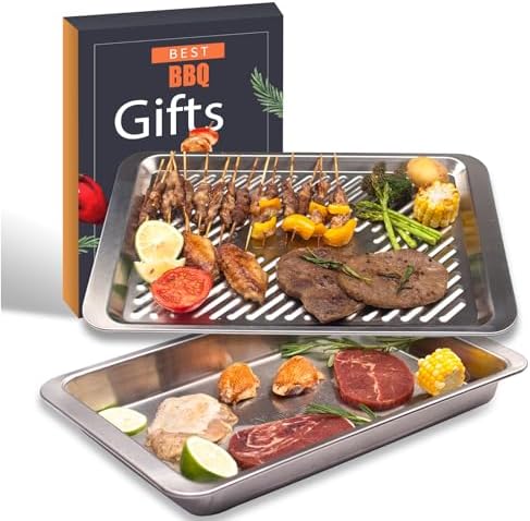 Grilling Prep and Serve Trays, Set of 2 Stackable Stainless Steel...