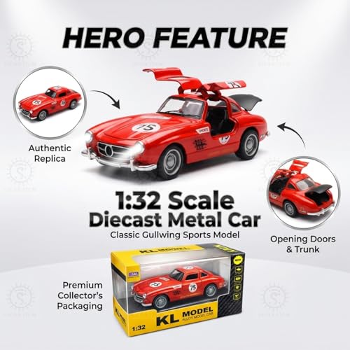 Image of SHAKTISM 1:36 Scale Die Cast Metal Classic Gullwing Sports Car Toy, Pull Back Alloy Model Car with Opening Doors, Light & Sound, Mini Collectible Vehicle for Kids and Collectors