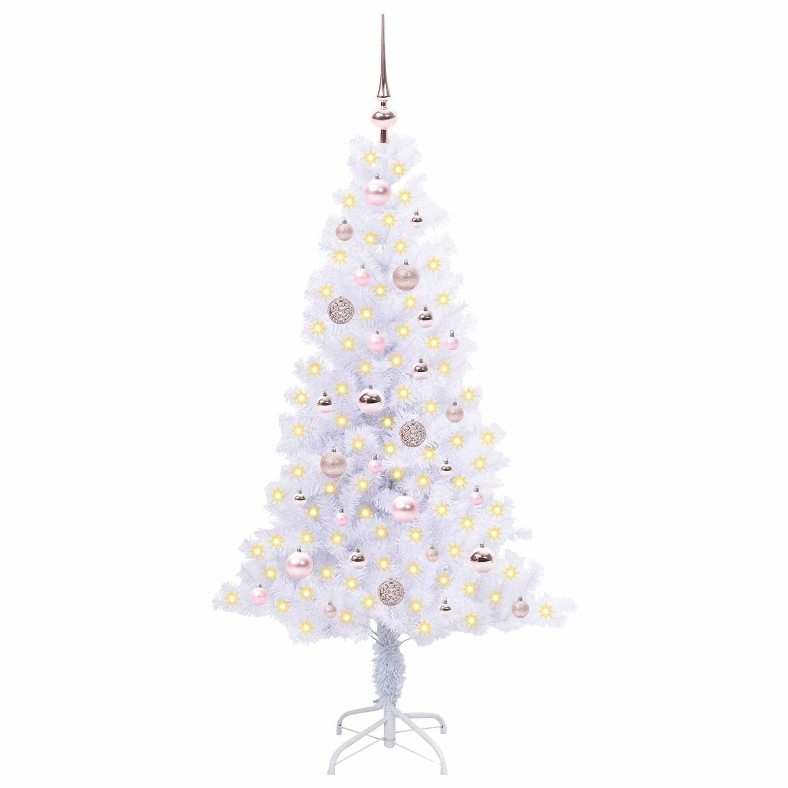 Sztuczna choinka biała, 150 cm, PCW i stal, z 380 końcówkami, 150 różowych lampek LED, zasilanie USB, 8 trybów świecenia, stabilny stojak, do salonu, na balkon, taras